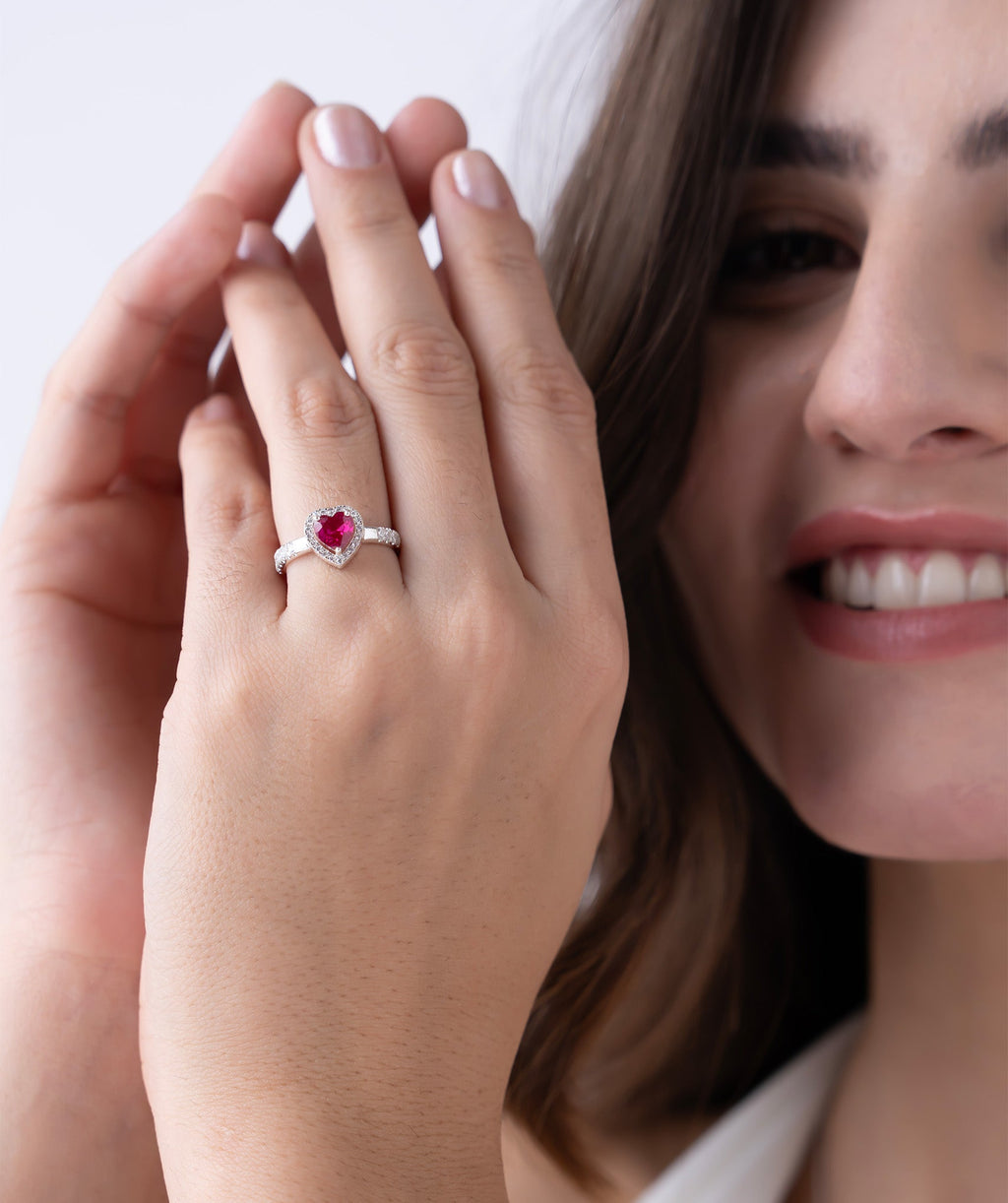 Red Heart Diamond Halo Ring