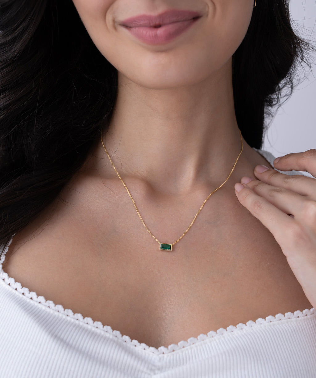 Green Baguette Solitaire Necklace