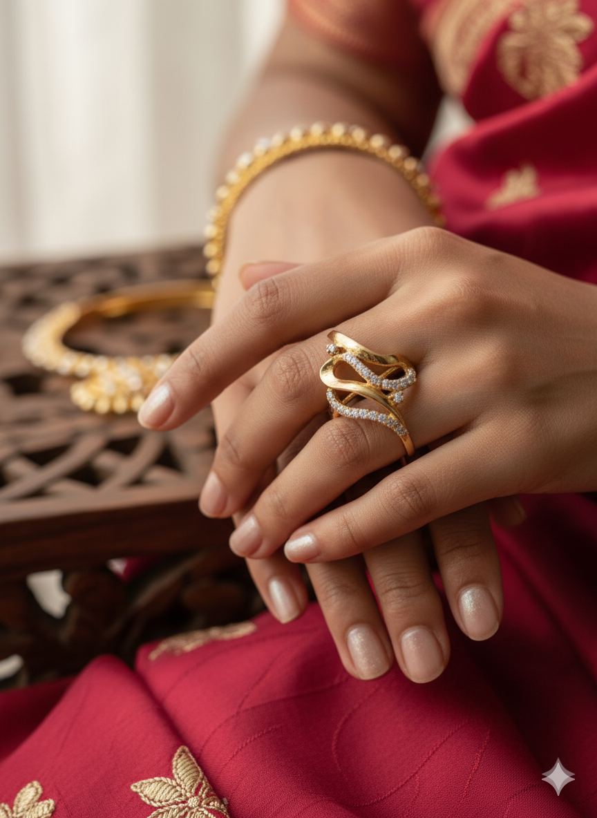 Crossover Gold Ring with Pave Diamonds