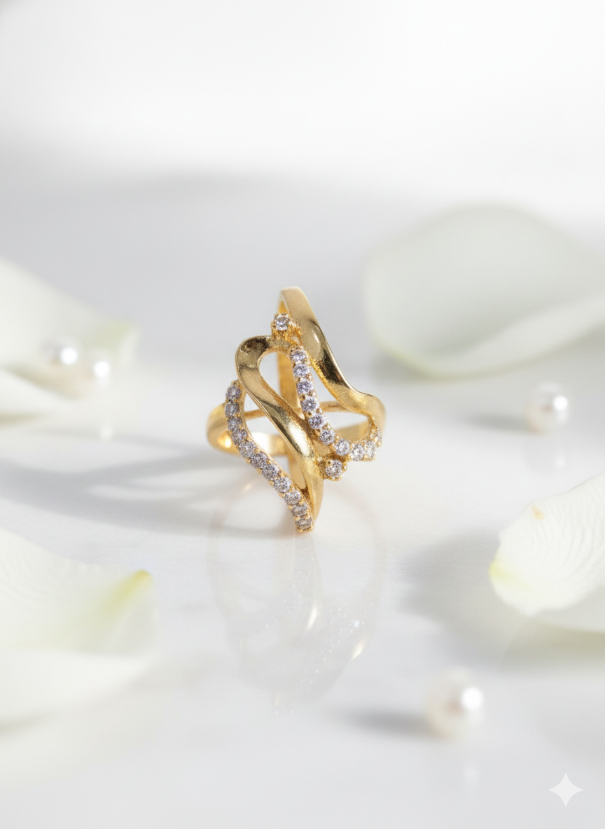 Crossover Gold Ring with Pave Diamonds