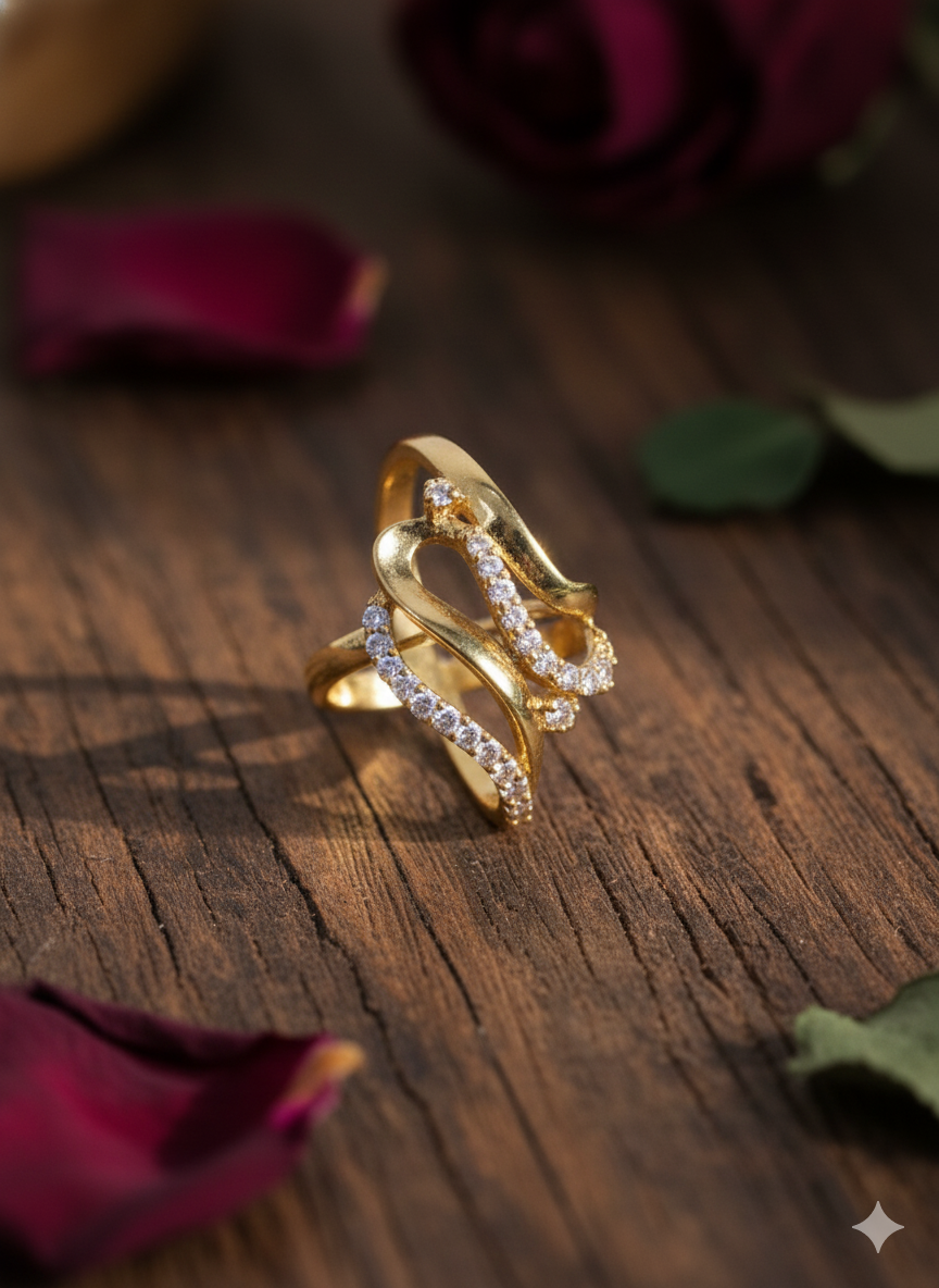 Crossover Gold Ring with Pave Diamonds