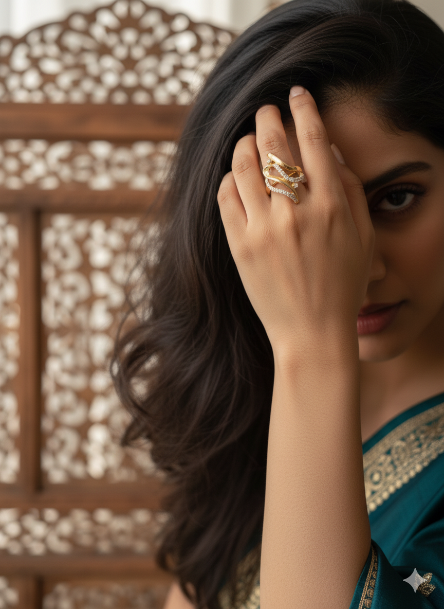 Crossover Gold Ring with Pave Diamonds